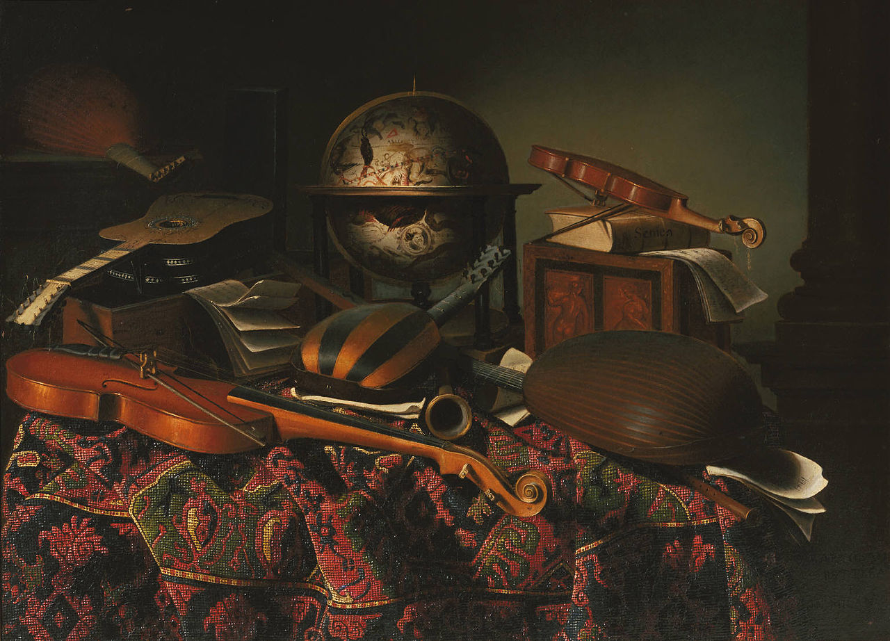 A Still Life with Musical Instruments, vintage artwork by Bartolomeo Bettera, 12x8" (A4) Poster
