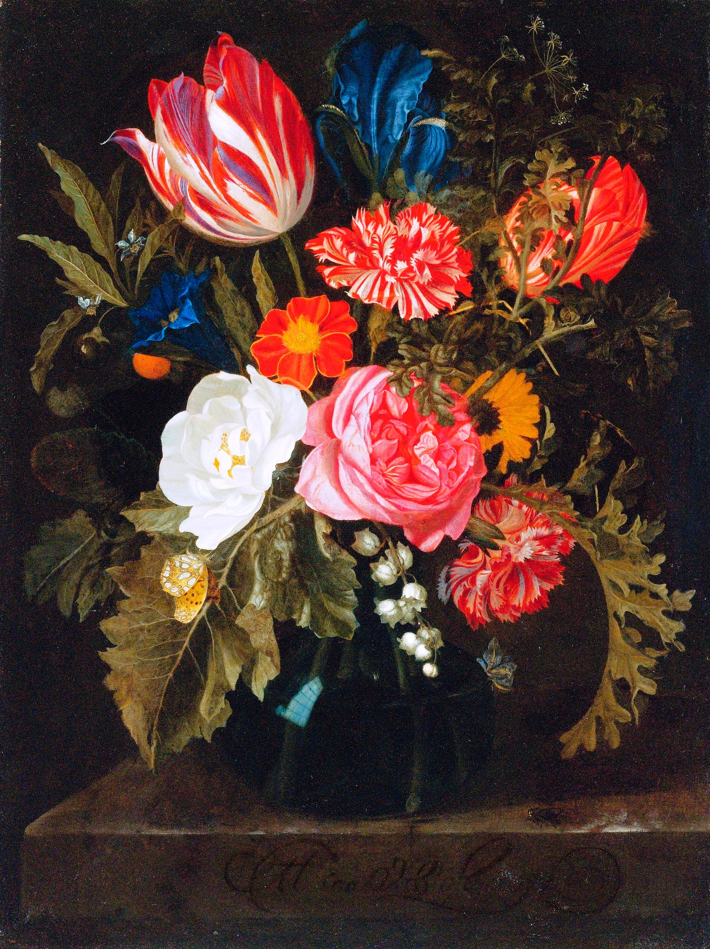 Still Life of Roses, Carnations, a Tulip and Other Flowers in a Glass Vase, vintage artwork by Maria van Oosterwijck, 12x8" (A4) Poster