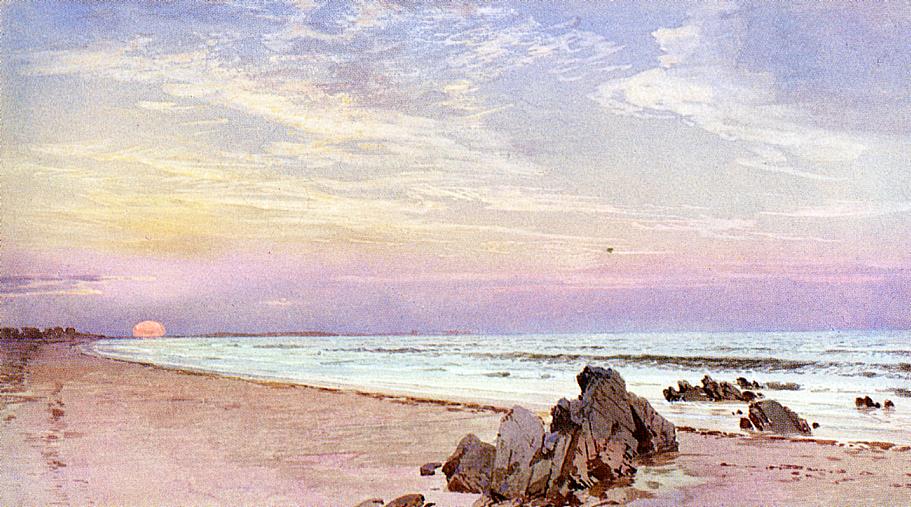 Beach with Rising Sun, New Jersey, vintage artwork by William Trost Richards, 12x8" (A4) Poster