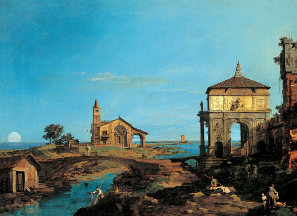 An Island in the Lagoon with a Gateway and a Church, vintage artwork by Canaletto, 12x8" (A4) Poster