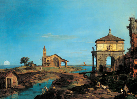An Island in the Lagoon with a Gateway and a Church, vintage artwork by Canaletto, 12x8" (A4) Poster