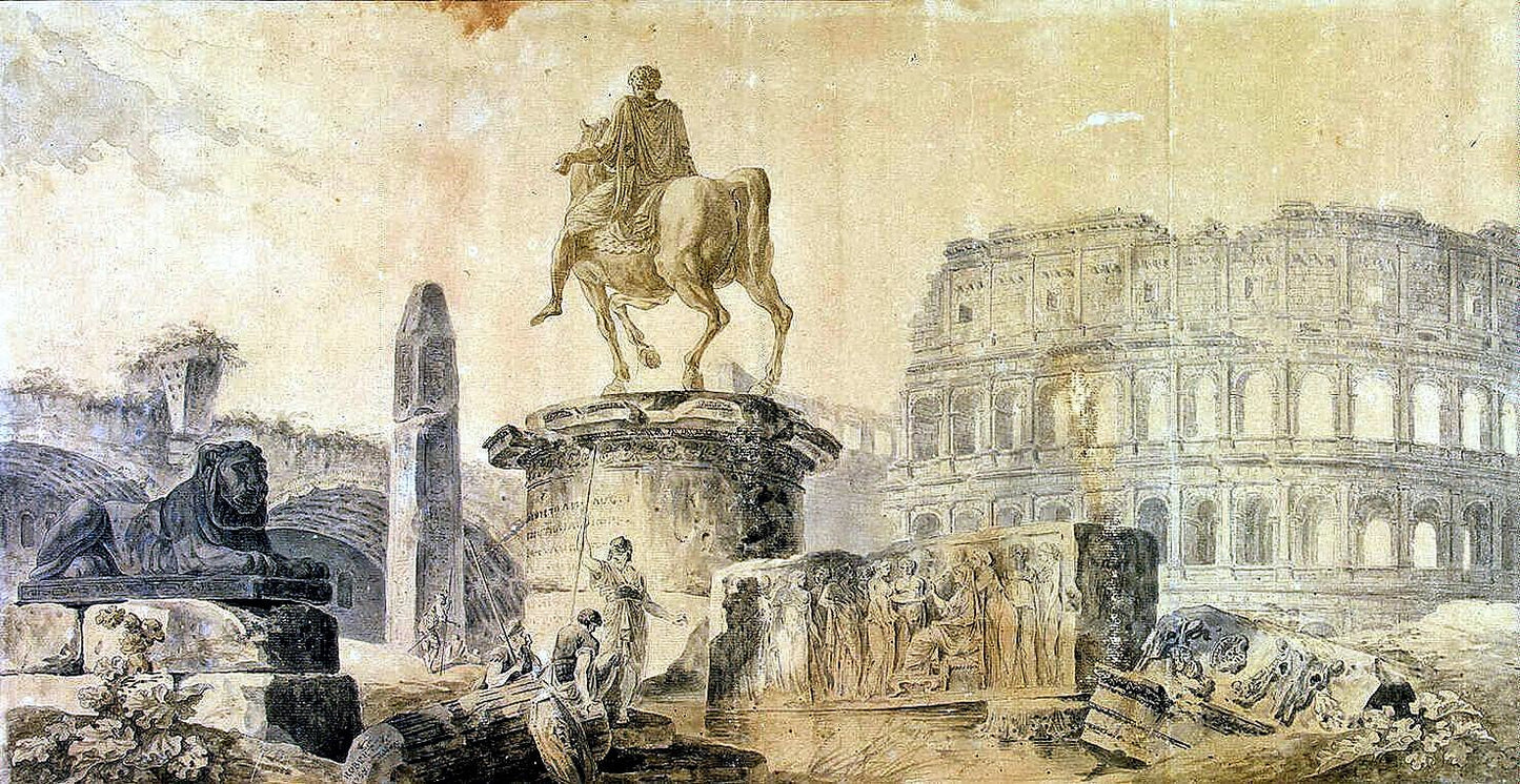 Landscape with the Colosseum and the Monument to Marcus Aurelius, vintage artwork by Hubert Robert, 12x8" (A4) Poster