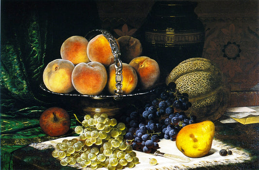 Still LIfe with Melon, Peaches, Books and Letters, vintage artwork by William Mason Brown, 12x8" (A4) Poster