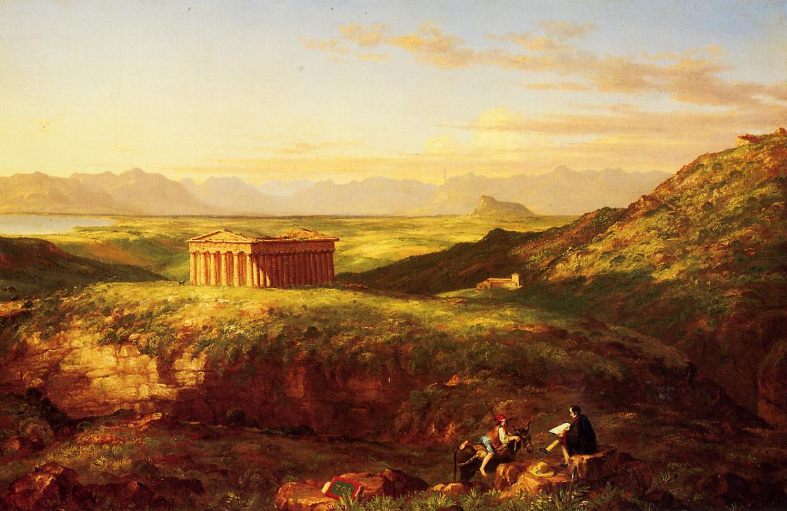 The Temple of Segesta with the Artist Sketching, vintage artwork by Climent Pujol Gustavino, 12x8" (A4) Poster