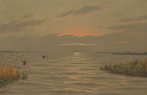 Flight at Sunset, vintage artwork by Theodor van der Beek, 12x8" (A4) Poster