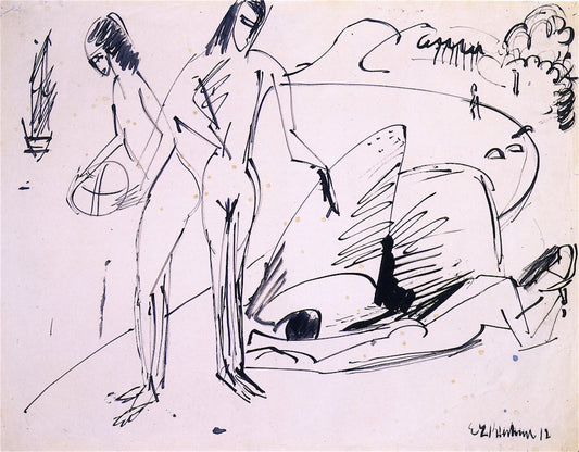 Bathers at the Beach in Fehmarn, vintage artwork by Ernst Ludwig Kirchner, 12x8" (A4) Poster