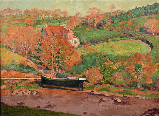 Drydocked boat in front of the house of Theodore Botrel, vintage artwork by Gabrielle Moreau Delavallee, 12x8" (A4) Poster