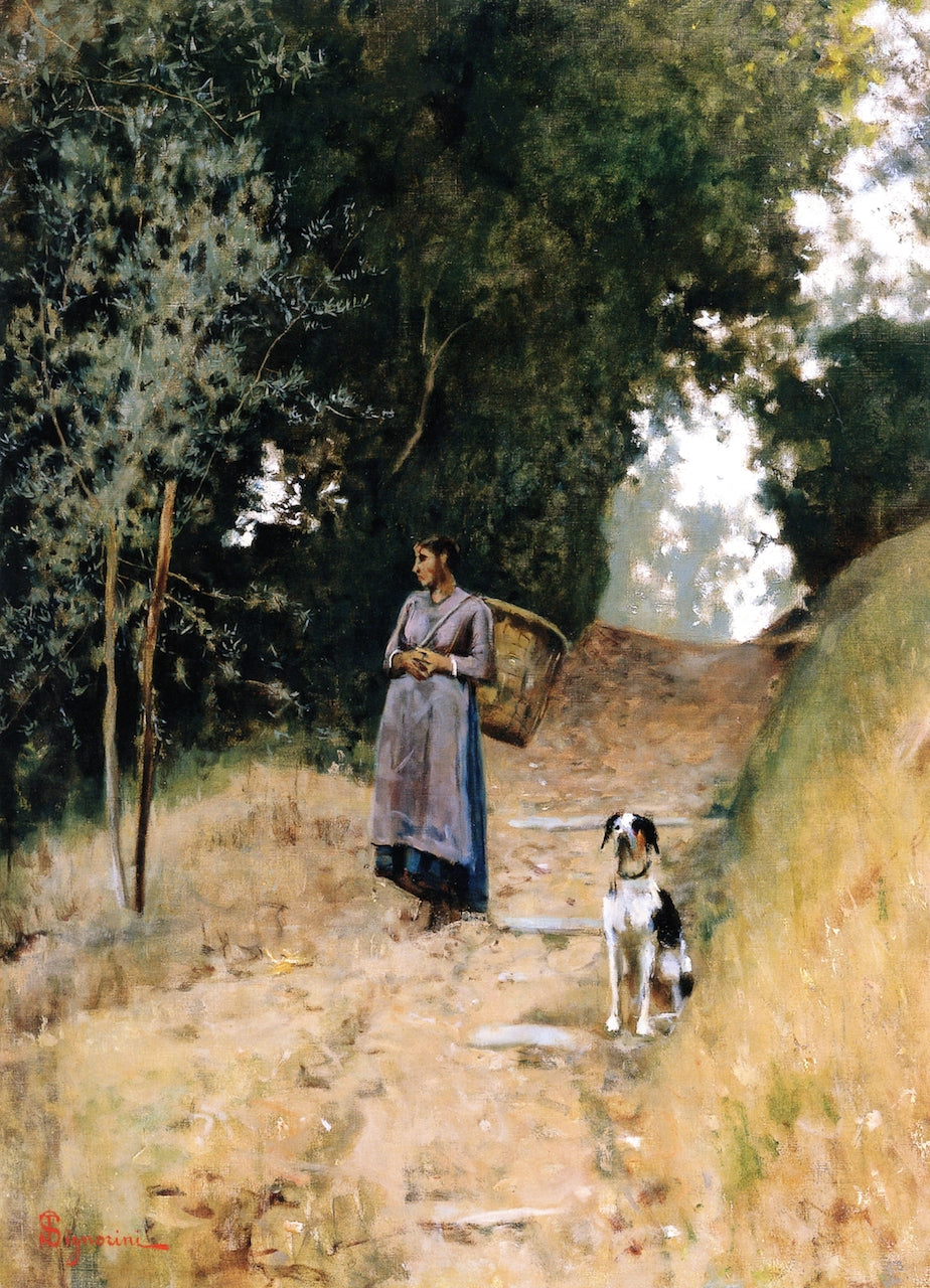 Contadina con gerla e cane, vintage artwork by Telemaco Signorini, 12x8" (A4) Poster