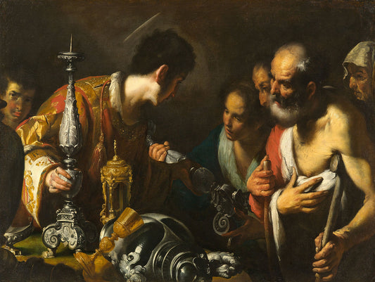 St. Lawrence Distributing the Treasures of the Church, vintage artwork by Bernardo Strozzi, 12x8" (A4) Poster