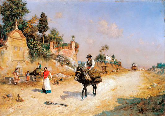 The Fountain in Reding, vintage artwork by Gillermo Gomez Gil, 12x8" (A4) Poster
