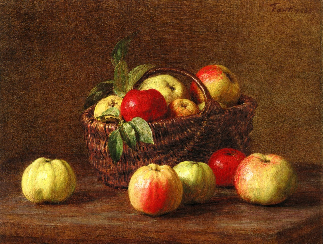 Apples in a Basket and on the Table, vintage artwork by Henri Fantin-Latour, 12x8" (A4) Poster