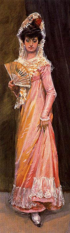 Woman with Fan in Pink Dress, vintage artwork by Adolfo Lozano Sidro, 12x8" (A4) Poster