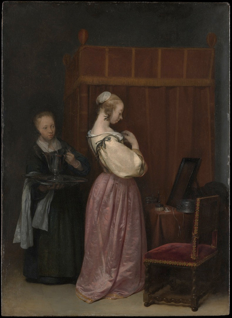 A Young Woman at Her Toilet with a Maid, vintage artwork by Gerard ter Borch, 12x8" (A4) Poster