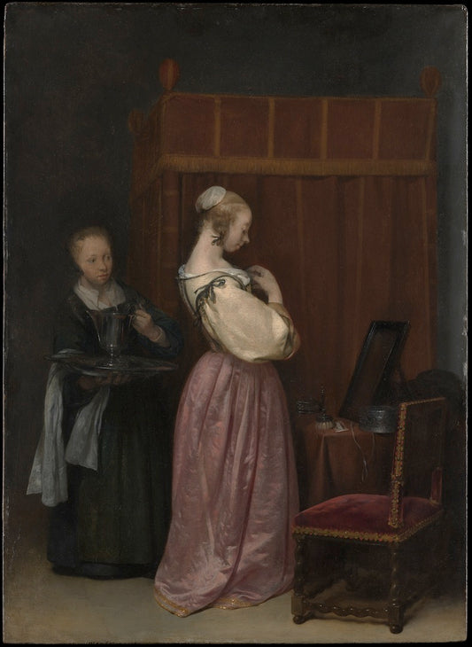 A Young Woman at Her Toilet with a Maid, vintage artwork by Gerard ter Borch, 12x8" (A4) Poster