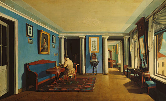 Reception room with columns on the mezzanine, vintage artwork by Kapiton Zelentsov, 12x8" (A4) Poster