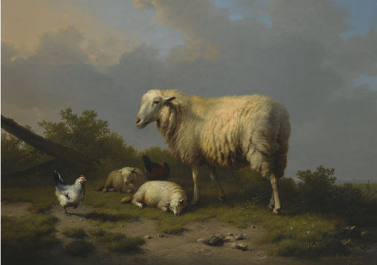 Sheep and Chickens at a Pasture, vintage artwork by Eugene Verboeckhoven, A3 (16x12") Poster Print