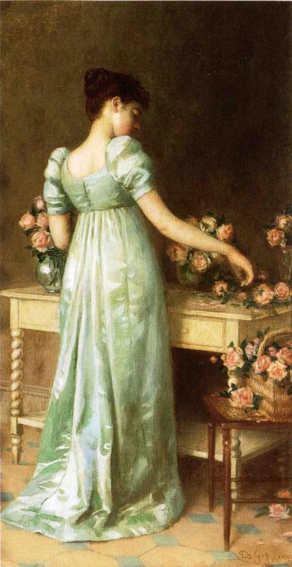 Arranging Pink Roses, vintage artwork by De Scott Evans, 12x8" (A4) Poster