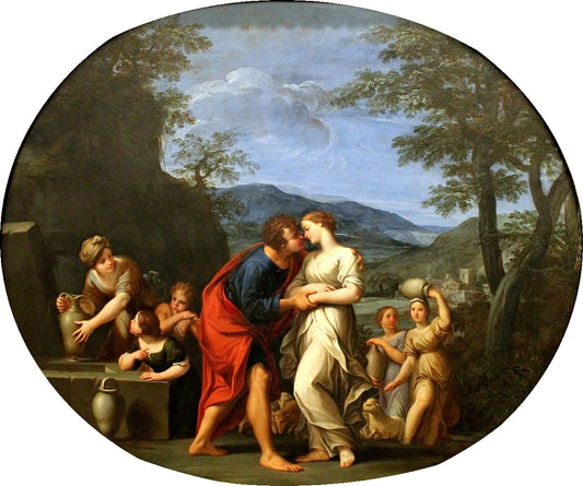 The Meeting of Jacob and Rachel at the Well, vintage artwork by Marcantonio Franceschini, 12x8" (A4) Poster