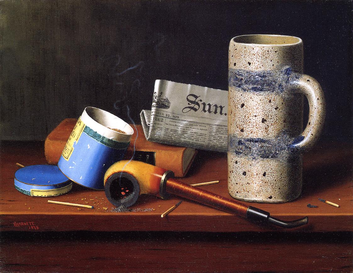 Still Life with Blue Tobacco Box, vintage artwork by William Michael Harnett, 12x8" (A4) Poster