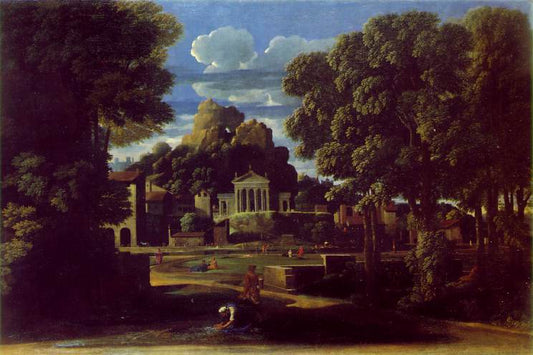 Landscape with the Gathering of the Ashes of Phocion by  his Widow, vintage artwork by Nicolas Poussin, 12x8" (A4) Poster
