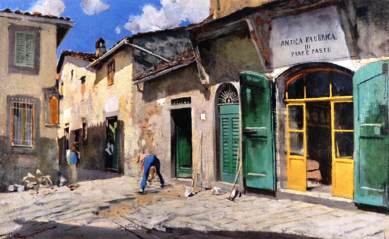 Una via di Settignano. Antica fabbrica di pane e paste, vintage artwork by Telemaco Signorini, 12x8" (A4) Poster