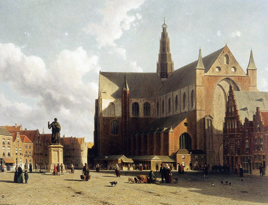 View of the market in Haarlem, vintage artwork by Johan Hendrik Weissenbruch, 12x8" (A4) Poster
