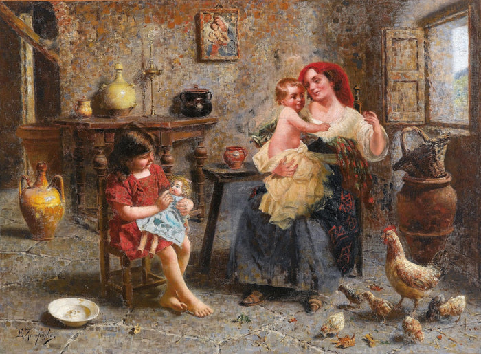 Family Idyll by Eugenio Zampighi,A3(16x12