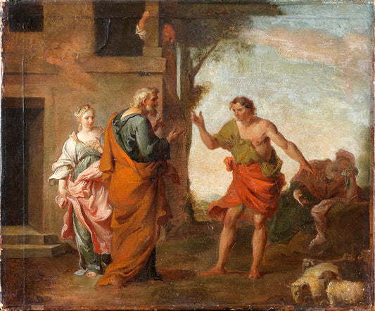 Jacob, Laban and Rachel, vintage artwork by Nicolas Vleughels, 12x8" (A4) Poster