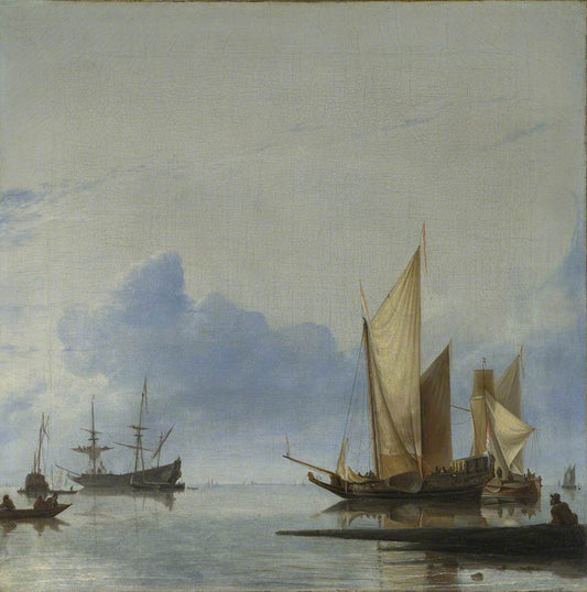 A Dutch Yacht and other Vessels Becalmed by  the Shore, vintage artwork by Hendrick Jacobsz. Dubbels, 12x8" (A4) Poster