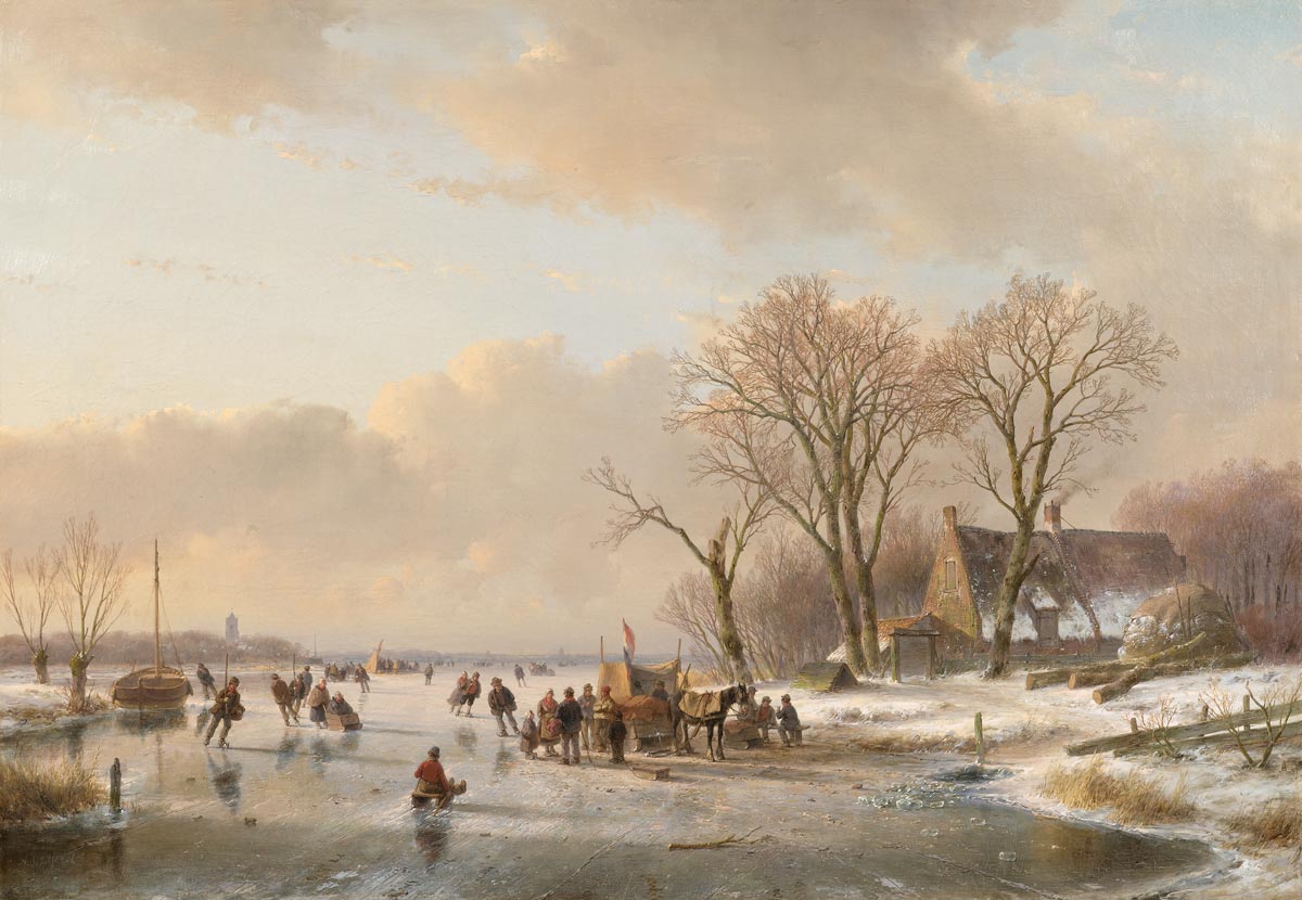 Canal landscape in winter, vintage artwork by Andreas Schelfhout, 12x8" (A4) Poster