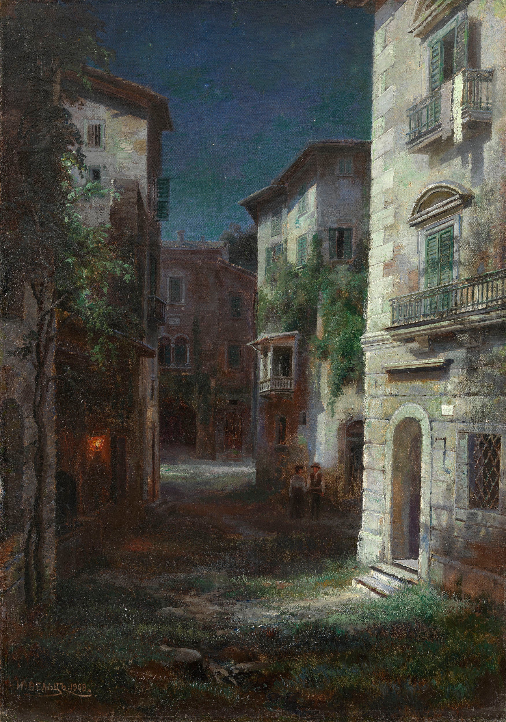 Moonlit Italian Street, vintage artwork by Ivan Weltz, 12x8" (A4) Poster
