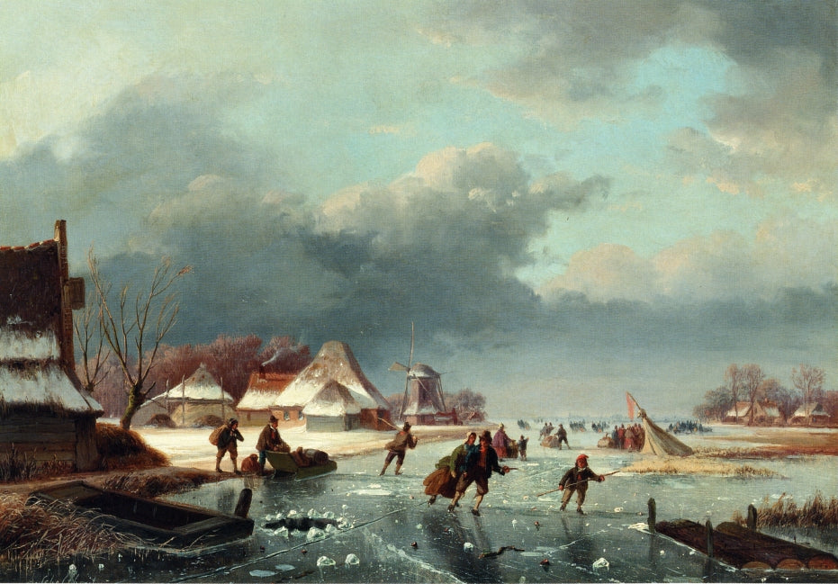 Figures Skating on a Frozen River, vintage artwork by Andreas Schelfhout, 12x8" (A4) Poster