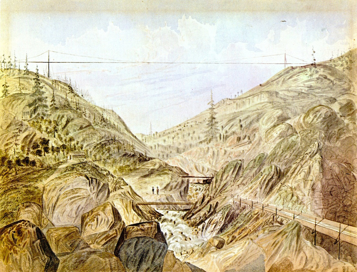 Suspension Flume, Cañon near Murhy's Diggings, California, vintage artwork by James Madison Alden, 12x8" (A4) Poster