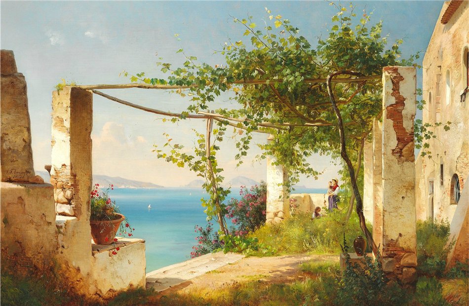 View from the Amalfi Coast in Italy, vintage artwork by Carl Frederik Aagaard, 12x8" (A4) Poster