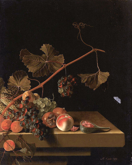 Still Life with Fruit and a Grapevine, vintage artwork by Adriaen Coorte, 12x8" (A4) Poster