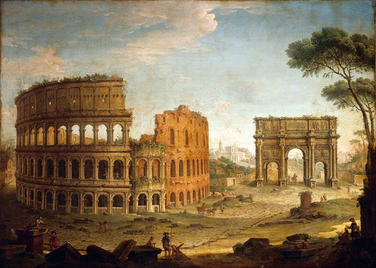 Rome: View of the Colosseum and The Arch of Constantine, vintage artwork by Antonio Joli, 12x8" (A4) Poster