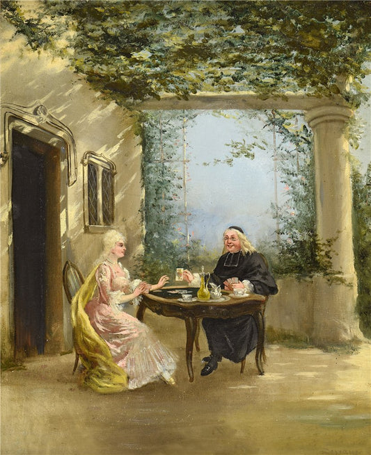 A Priest and an Elegant Lady Playing Cards, vintage artwork by Theodore Levigne, 12x8" (A4) Poster