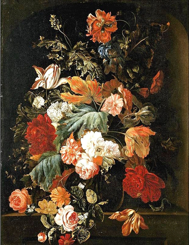 A Still Life of Roses, Variegated Tulips, Irises in a Glass Vase, vintage artwork by Ernst Stuven, 12x8" (A4) Poster