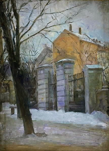 The Gate of Assistens Cemetry in Copenhagen, Winter, vintage artwork by Albert Gottschalk, 12x8" (A4) Poster