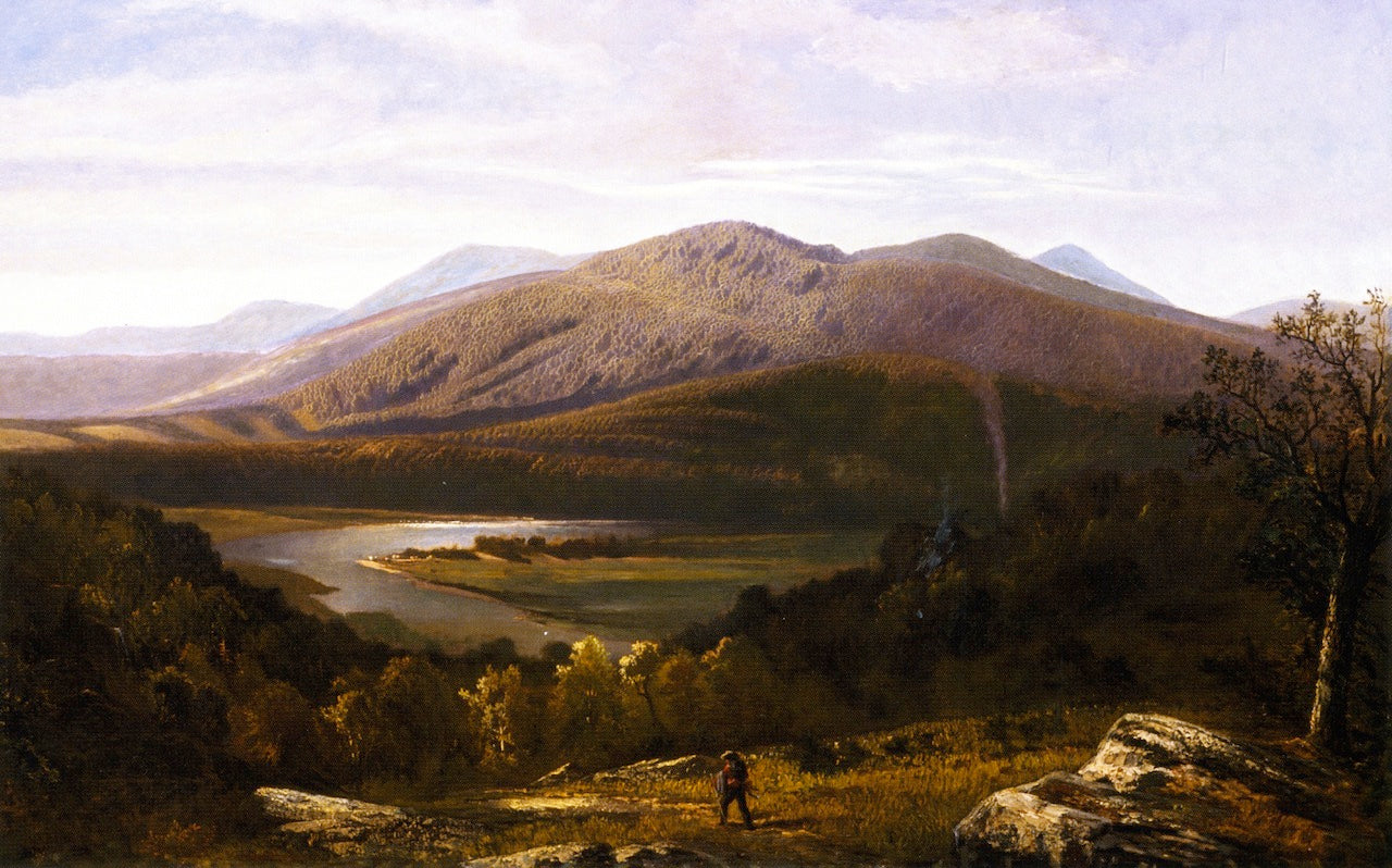Landscape with Hiker and River, vintage artwork by Gilbert Munger, 12x8" (A4) Poster