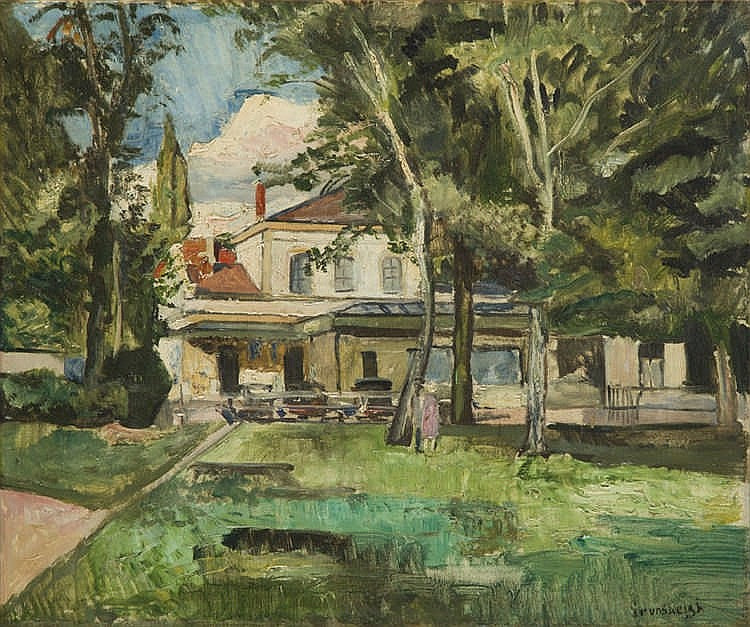 View of a House in a Garden, vintage artwork by Nathan Grunsweigh, 12x8" (A4) Poster