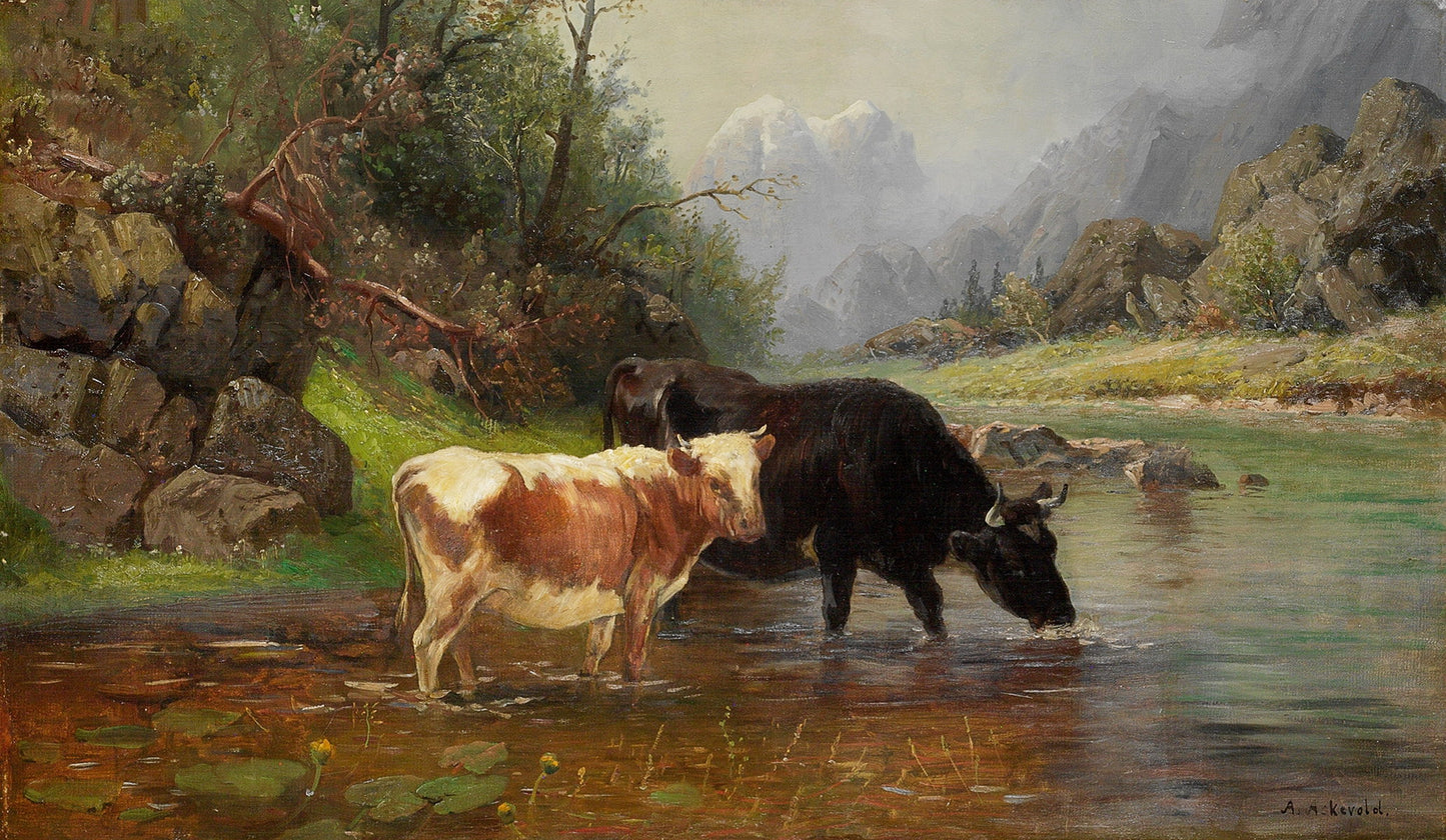 At a Watering Place, vintage artwork by Anders Monsen Askevold, 12x8" (A4) Poster