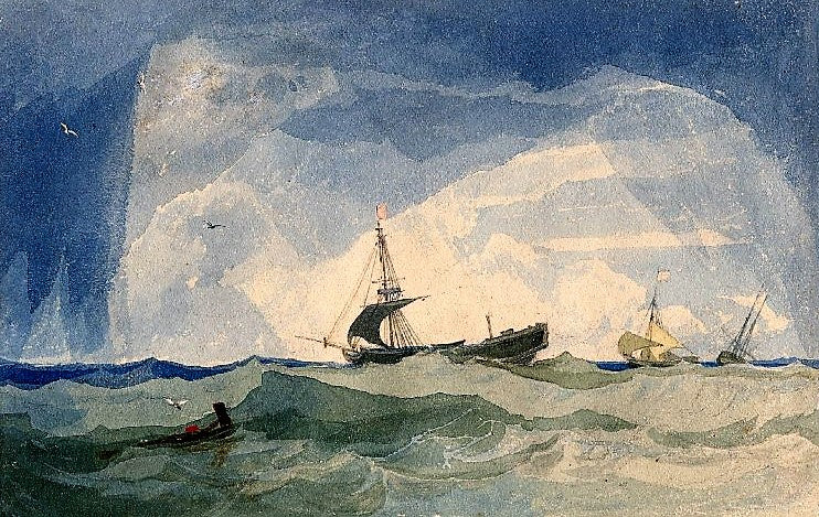 A Dismasted Brig; Rough Sea with Ship in Distress, vintage artwork by John Sell Cotman, 12x8" (A4) Poster