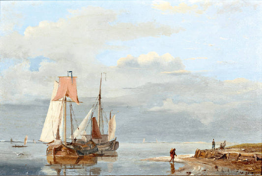 Fishing Boats in Calm Water, vintage artwork by Johannes Hermanus Koekkoek, 12x8" (A4) Poster