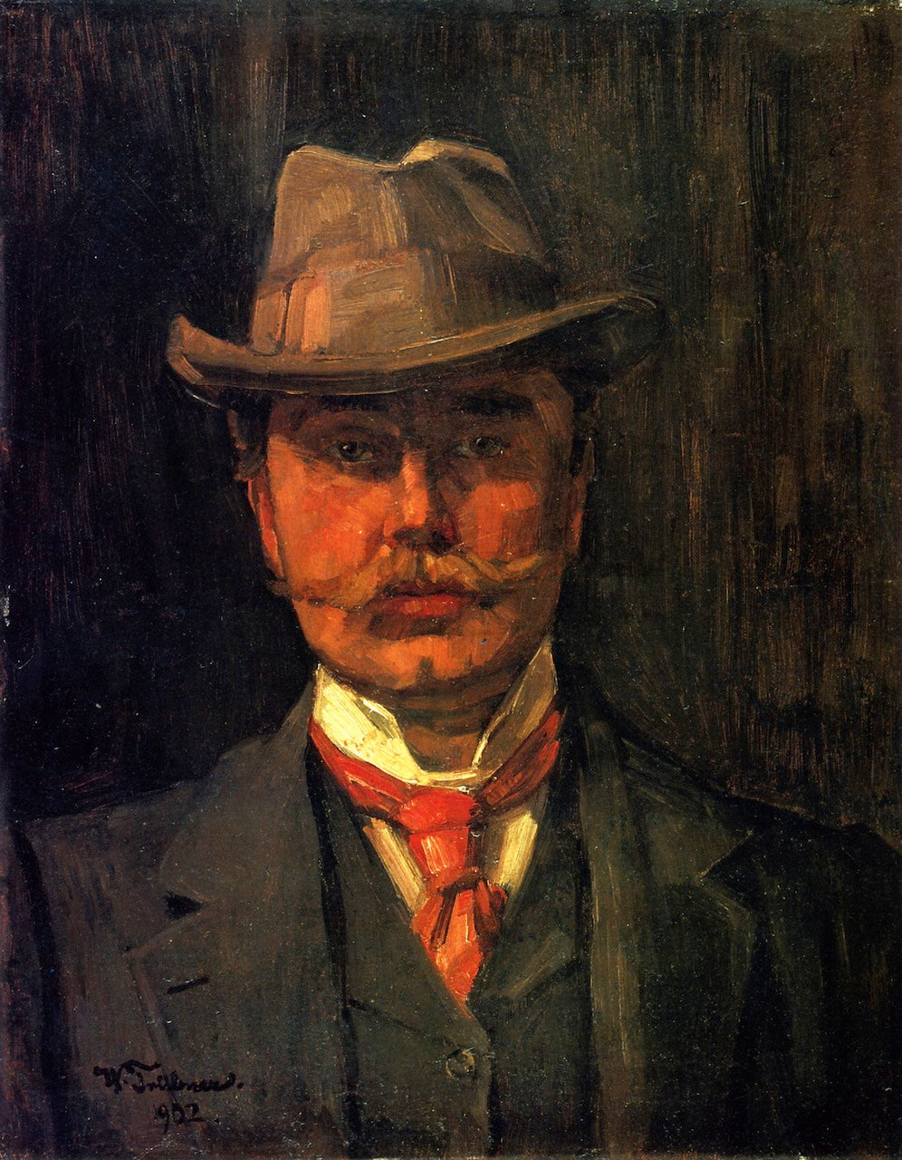 Self-Portrait with Hat, vintage artwork by Wilhelm Trübner, 12x8" (A4) Poster