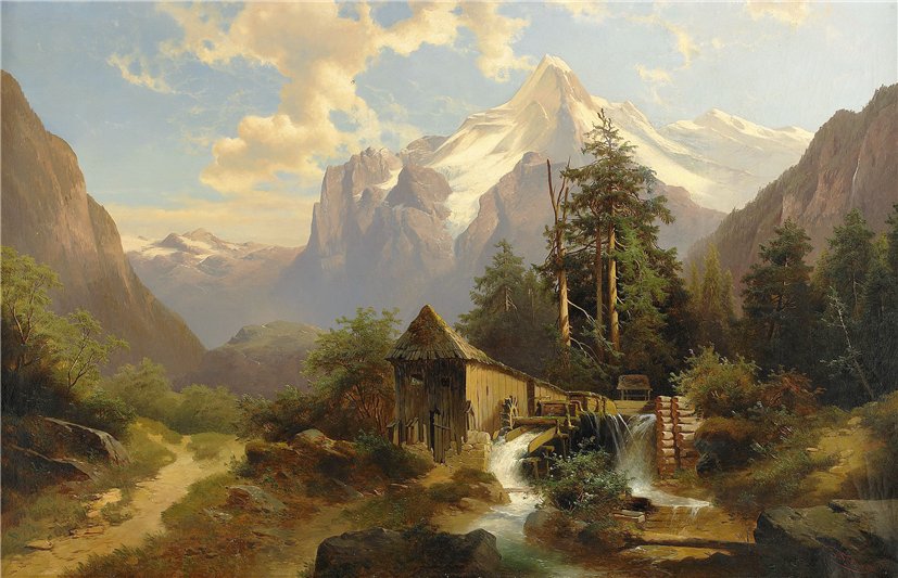 Mountainous Landscape with Mill, vintage artwork by Josef Thoma, 12x8" (A4) Poster