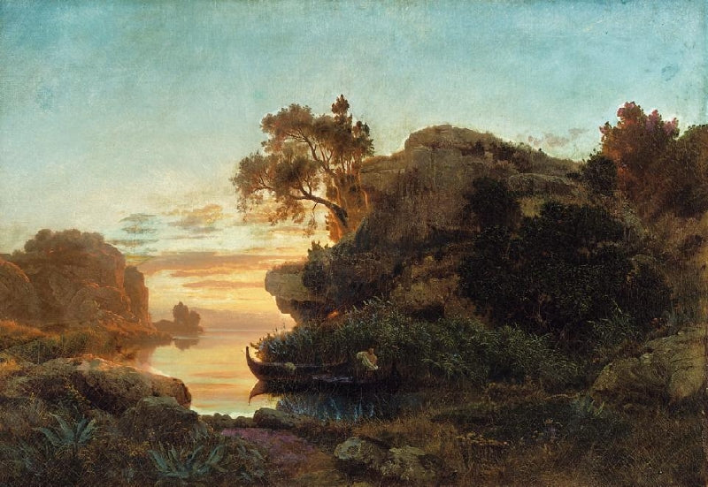 Ligurian Costal Landscape by  Sunset, vintage artwork by Oswald Achenbach, 12x8" (A4) Poster