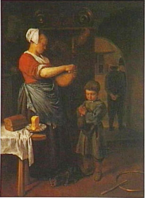 Boy Praying Before Receiving Bread  from a Kitchen Maid, vintage artwork by Jan Havicksz. Steen, 12x8" (A4) Poster