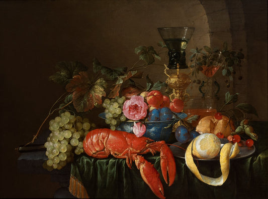 Still Life with a Lobster, a peeled lemon on a pewter plater, a roemer, and fruits on a stone ledge, vintage artwork by Cornelis de Heem, 12x8" (A4) Poster