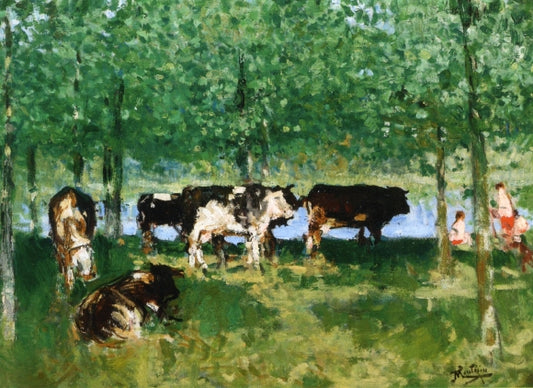 Animals beneath the Poplars, vintage artwork by Pierre-Eugène Montezin, 12x8" (A4) Poster
